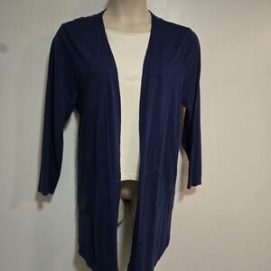Chico's 3 (XL) Blue Cotton Blend Open Front Longer Cardigan Lignt Sweater Pocket